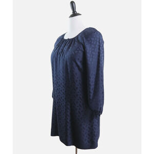 J Crew Size 10 Silk Satin Paisley Shift Dress 3/4 Sleeve Navy Blue